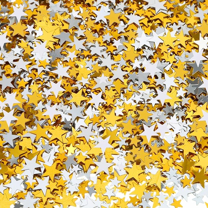 Hestya 60g Star Confetti Glitter Table Confetti Metallic Foil Stars for Christmas Party Wedding Festival Decorations(Gold Silver 60g,10mm and 6mm)