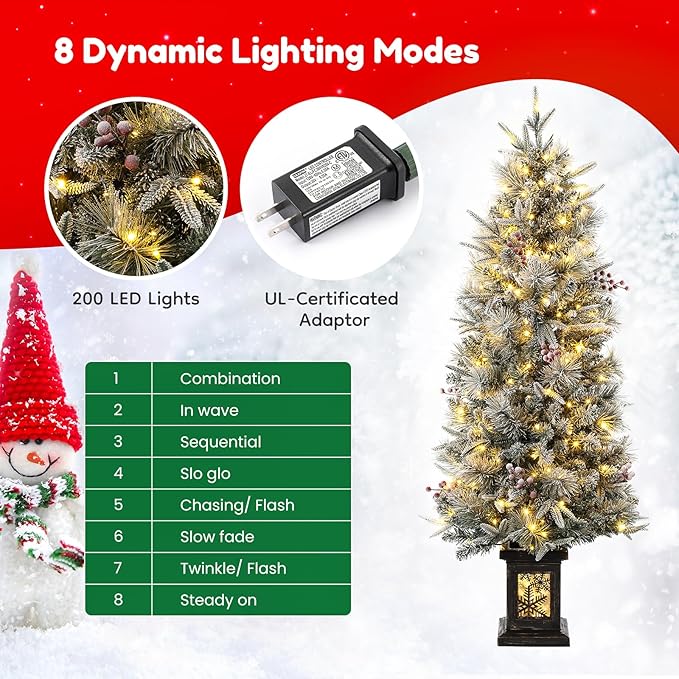 GarveeHome 4.5ft Prelit Christmas Trees with 200 Warm Lights & 20 Clusters Red Berry, Artificial Potted Xmas Tree with 8 Light-Modes, Snowflake Base, Holiday Decor, 1 PCS