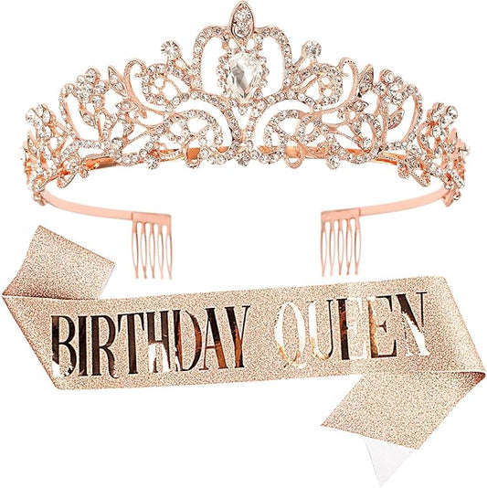 Velscrun Birthday Queen Tiaras Crown for Women, Girls Princess Crowns for Women, Queen Tiara for Mom, Rose Gold Birth Crown Headband Birth Sash, 30th 40th 50th Birthday Prom Party Decorations for Mom