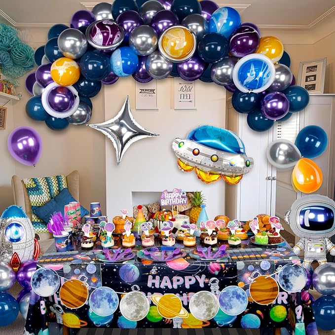 180 PCS Outer Space Birthday Party Decorations, Space Themed Party Decorations Includes Space Balloons, Backdrop, Galaxy Banner, Tablecloth, Plates, Cups, Cake Toppers for Kids Boys
