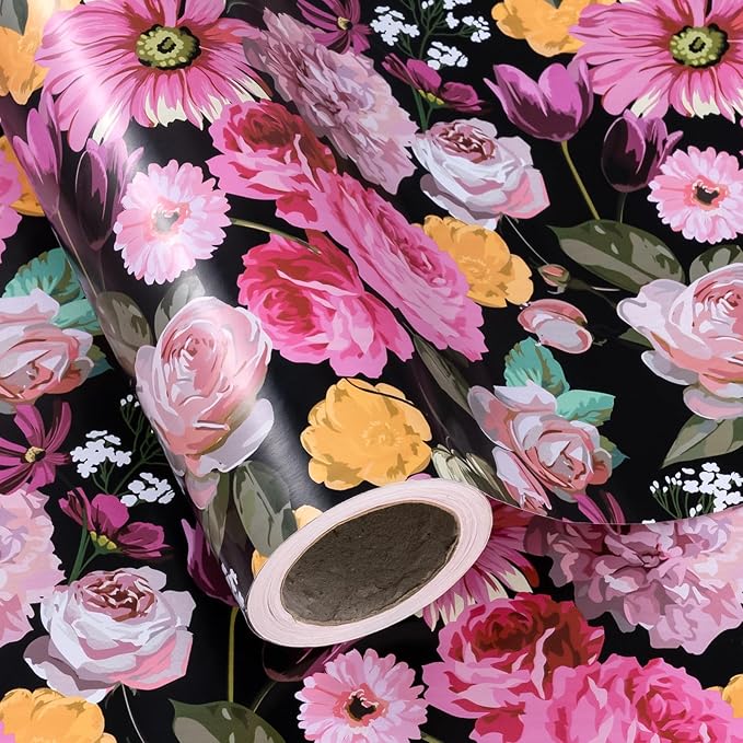 WRAPAHOLIC Reversible Floral Wrapping Paper - Mini Roll - 17 Inch X 33 Feet - Black Colorful Floral Design for Birthday, Mother's Day, Wedding, Baby Shower, Bridal Shower