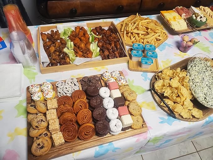 Bamboo Serving Tray Dinner Plates Cheese Board 16.5"x11.8"（42x30cm with Handle, Set Includes 1xHexagon 12.5"(32cm)+1xSquare 7.8"(20cm)+1xCircle 7.8"(20cm)