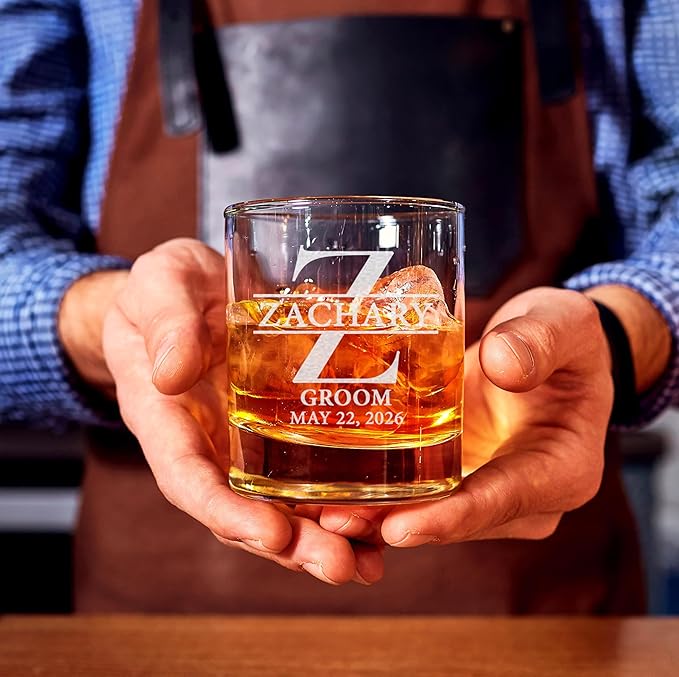 Set Of 5, Personalized Whiskey Glass For Groomsman Gifts, Best Man, Groom, 11oz Old Fashioned Custom Monogrammed Whiskey Glass