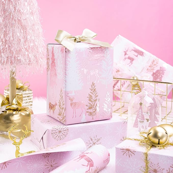 RUSPEPA Reversible Christmas Wrapping Paper Roll, Mini Roll, Rose Gold Foil Pink Reindeer and Tree Design, Pink Snowflake Gift Wrap for Girls, Women, Friends, Xmas Holiday Gifts, 17 Inches x 32.8 Feet