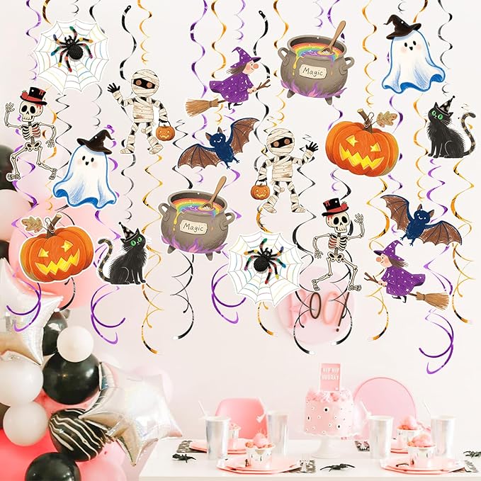 Halloween Hanging Party Decorations, 48 Pcs,Ceiling Decor Indoor Swirl Witches Cauldron Ghost Pumpkin Skull Cat Witch Party Supplies Sign,Black Purple Orange