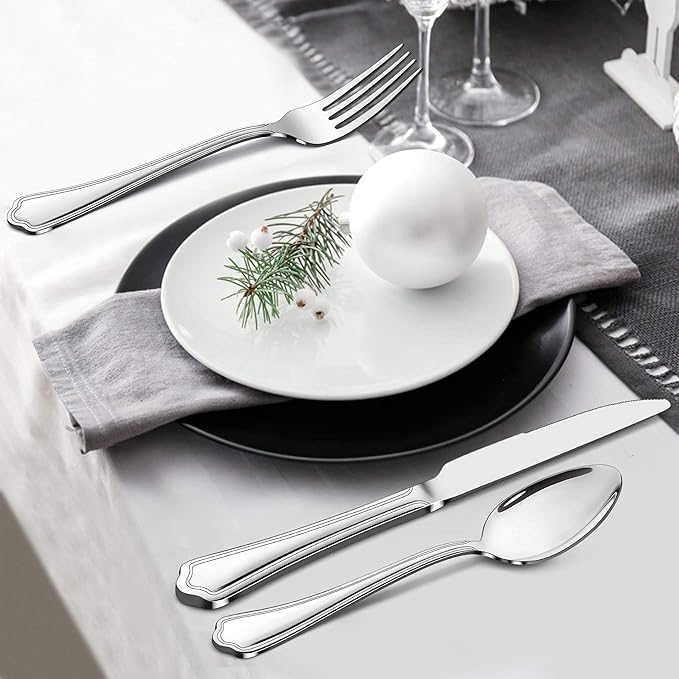 LIANYU 53-Piece Silverware Flatware Set for 8, Plus Steak Knives and Serving Utensils, Stainless Steel Flatware Cutlery Set, Eating Utensils Tableware with Scalloped Edge, Dishwasher Safe