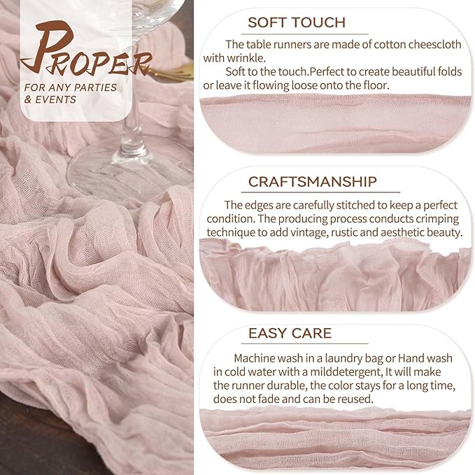 16 Packs Cheesecloth Table Dusty Pink, 10Ft x 35" Gauze Boho Wedding Table Runner Decoration, Wedding Table Decor Table Cloth for Wedding Party Bridal Shower Table
