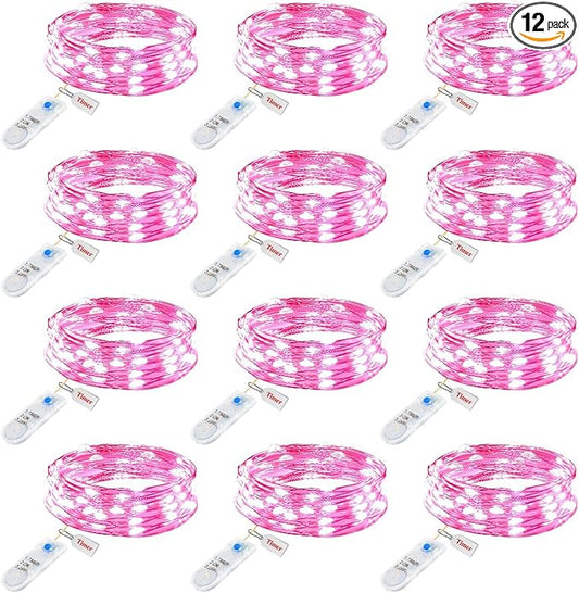 Minetom 12 Pack Pink Fairy Lights Battery Operated String Light with Timer - 7ft 20 LED Waterproof Silver Wire Firefly Light for DIY Crafts Wedding Table Centerpieces, Pink