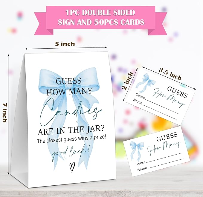 Blue Bow Guess How Many Candies Are In The Jar Game, Baby Shower Game, Include One 5×7 Sign and 50 Guessing Cards, Blue Coquette Bow Gender Reveal Party Decoration Supplies - FE18