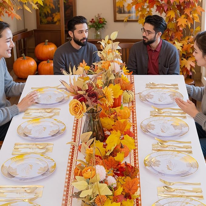 125PCS Thanksgiving Plastic Plates - Gold Disposable Dinnerware Sets - Thanksgiving Maple leaf Plates with Silverware for 25 Guests for Autumn Harvest Party Decor