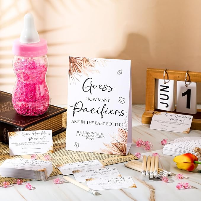 Roowest 512 Pcs Baby Shower Games Guess How Many Pacifiers Sign 100 Small Guessing Games 10 HB Pencils 750ml Milk Bottle 400 Acrylic Pacifiers Decoration for Guest Gender Reveal(Pink,Boho)