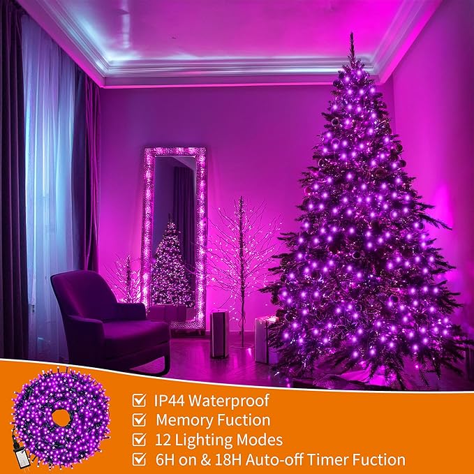 RPGT 200 LEDs 73ft Green Cable Wire Low Voltage Fairy String Tree Twinkle Lights 12 Modes for Christmas Party, Halloween, Outdoor, Garden, Wedding, Home Decoration (Purple)