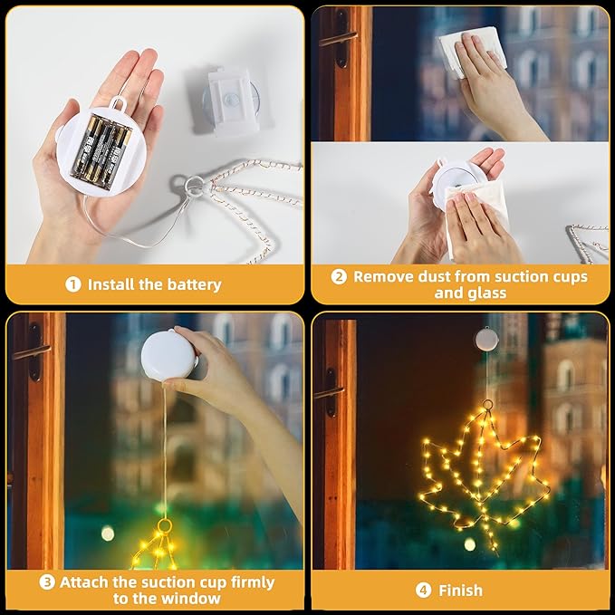 BlcTec Thanksgiving Decorations for Home 2 Pack 10Inch Maple Leaves Thanksgiving Window Lights with Suction Cups, Timer, Battery Operated Metal Frame Window Lights for Thanksgiving Decorations, Orange