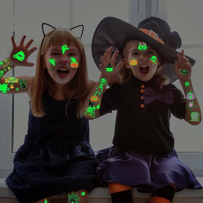 145 Styles Halloween Tattoos for Kids, 12PCS Halloween Luminous Tattoos, Glow in Dark Ghosts Pumpkin Fake Temporary Tattoos Stickers Bulk for Halloween Party Favors Accessories Supplies