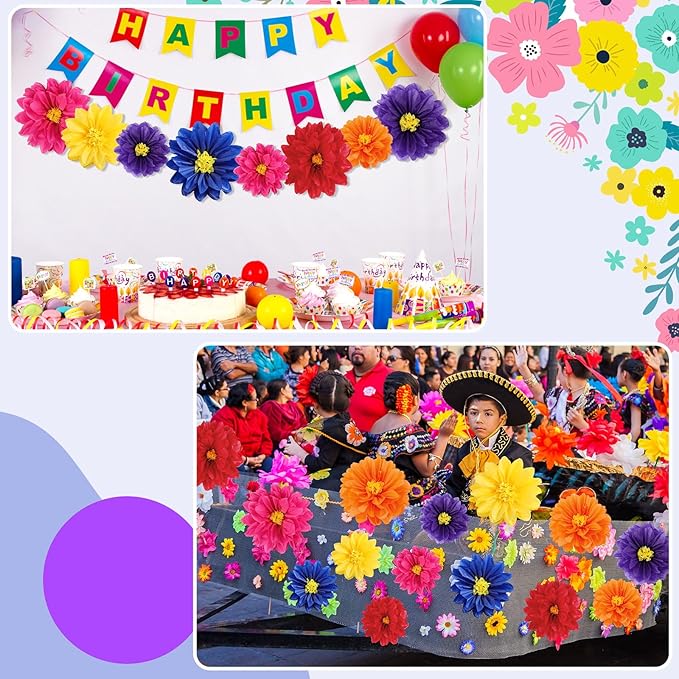 Geyee 18 Pcs Mexican Paper Flowers Colorful Fiesta Tissue Paper Flowers Pom Poms Mexican Carnival for Floral Party Backdrop Wedding Birthday Party Craft, 6" 8" 10"(Dark Color)