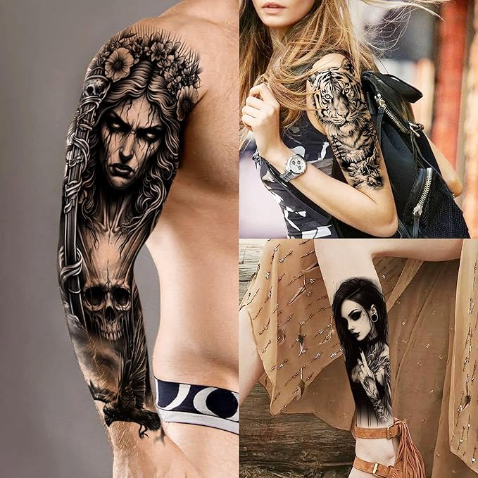 20 Sheets Black Gothic Full Arm Temporary Tattoos For Men Adults Thigh, Nun Girl Skull Skeleton Zeus God Jesus Christ Fake Sleeve Tattoos For Women, Scary Halloween Tattoo Stickers Demon Vampire