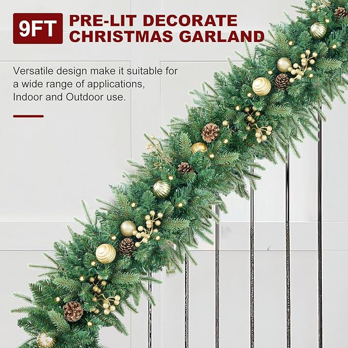 Christmas Garland 9FT Pre-Lit Artificial with 50 White Light, Pulg in, Green Decorated with Pine Cones, Glitter Powder Gold Ball, Fireplace Stairs Mantle Door Indoor Outdoor