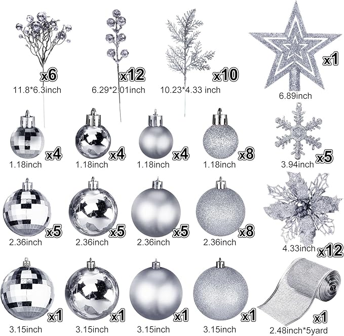Sratte 94 Pcs Christmas Tree Decorations Set, Christmas Tree Ball Ornaments Glitter Poinsettia Flowers Decorations Glitter Berries Stems for Xmas Holiday Wedding(Silver)