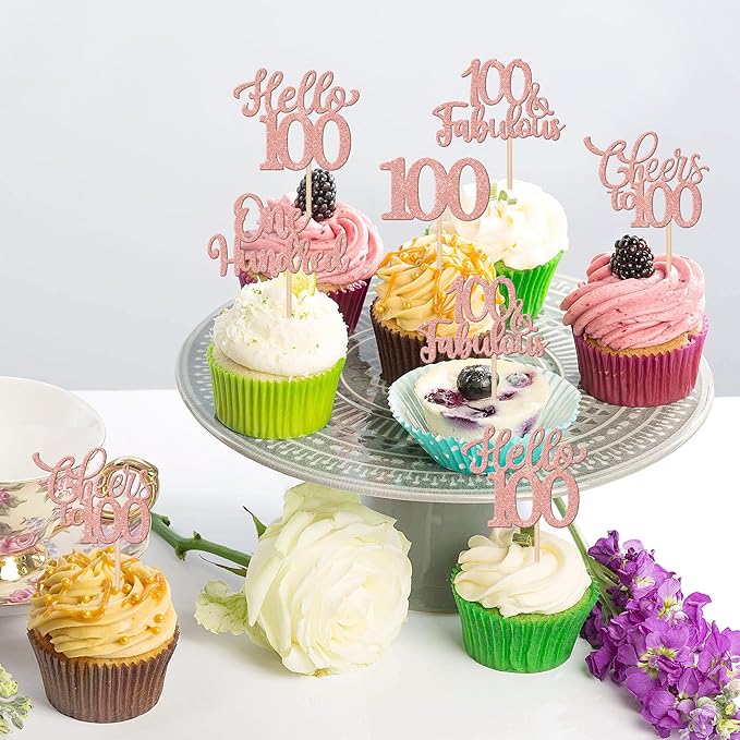 30PCS Happy 100th Birthday Cupcake Toppers One Hundred Cheers to 100 Years Birthday Cupcake Picks Hello 100 Fabulous Cake Decorations for Happy 100th Birthday Anniversary Party Supplies Rose Gold
