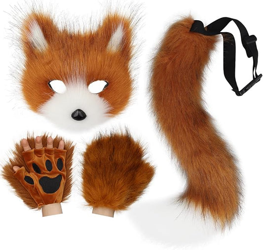 HAOAN Furry Fox Mask Wolf Fox Tail and Paw Gloves Set Adult Cat Halloween Mask Cosplay Animal Party Costume