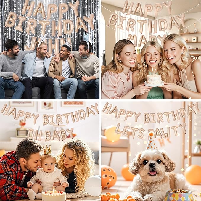 65 Pcs Caramel Happy Birthday Balloons and 2 Sets A-Z Letters Foil Balloons, 16 Inch Personalized Name Happy Birthday Banners for Wedding Baby Shower Anniversary Party Decorations (Caramel)