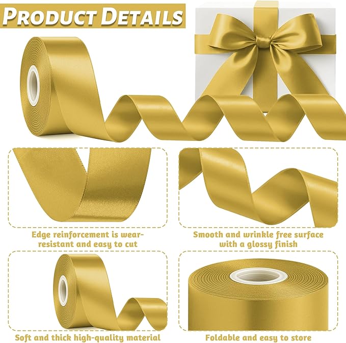 Fullive Champagne Gold Ribbon, 30 Yards Satin Ribbon 1 1/2 Inch, Polyester Satin Christmas Ribbon for Wedding Xmas Tree Graduate New Years Decorations DIY Bows Bouquet Gift Wrapping Christmas Favors