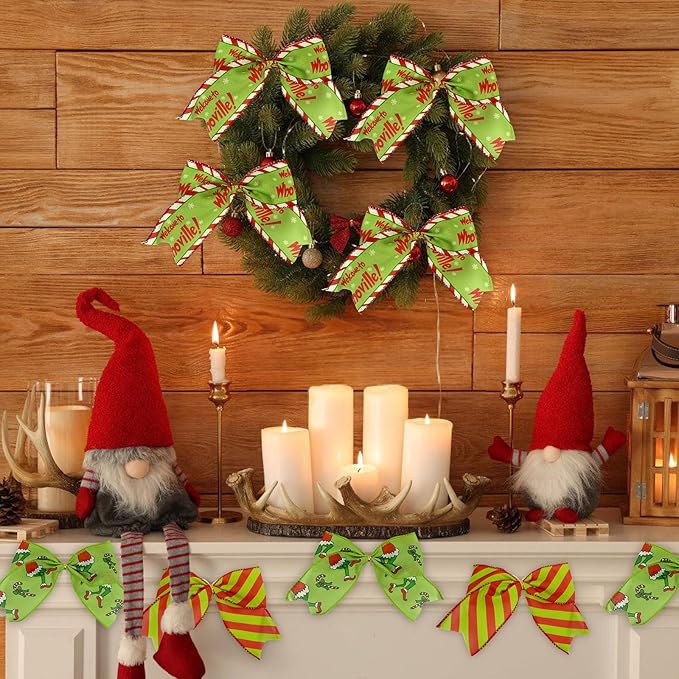 12Pcs Red Green Christmas Bows for Tree, 6 Inch Christmas Tree Bows with Adhesive Dots and Metal Tie, 3 Style Christmas Ornaments for Door Wreaths, Indoor Mantel, Gift Wrapping Decor