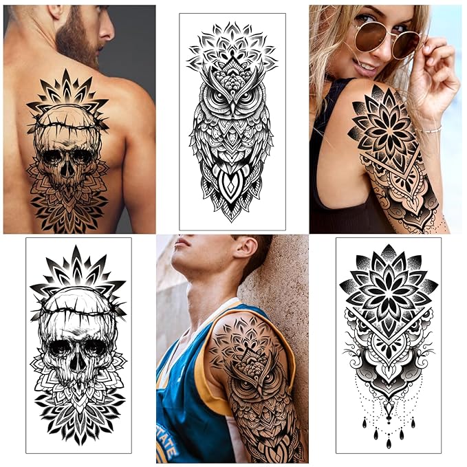 Yazhiji 48 Waterproof Temporary Tattoos For Adult, Mandala Vintage Black Lotus Temporary Tattoos for Men Women, Full Arm Fake Tattoo Bohemia Mandala Flower Fake Arm Tattoos for Boys Girls