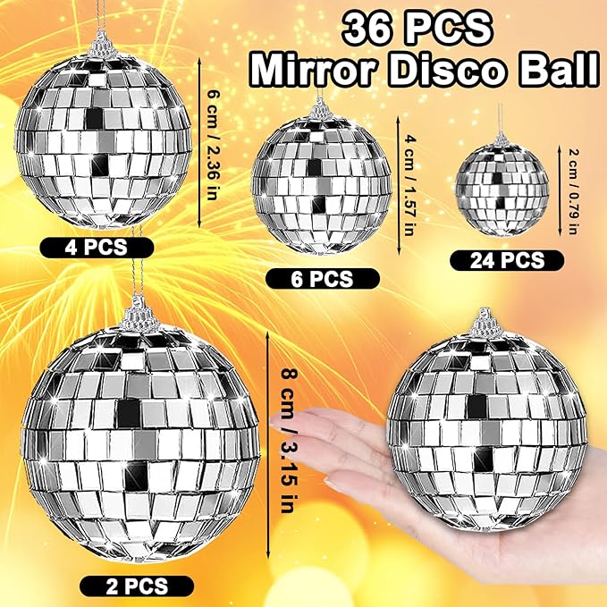 36 PCS Mirror Disco Ball,Mini Disco Balls Decoration,Disco Party Decorations Reflective Mirror Ball Ornaments,Small Silver Hanging Disco Balls for Christmas Tree,Themed Party,Wedding,4 Sizes