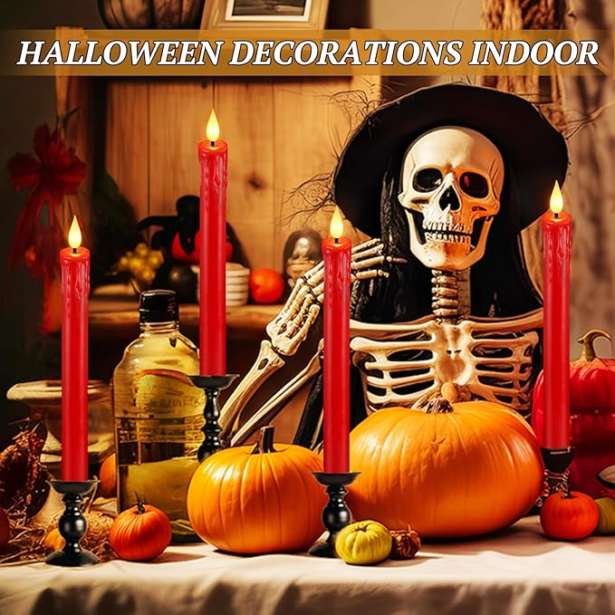 OCATO Flameless Candles with Remote Timer: 8 Pcs Battery Operated Window Candles 9.6" Real Wax LED Flickering Flameless Taper Candles 3D Wick Lights Halloween Christmas Wedding Party Decorations Red