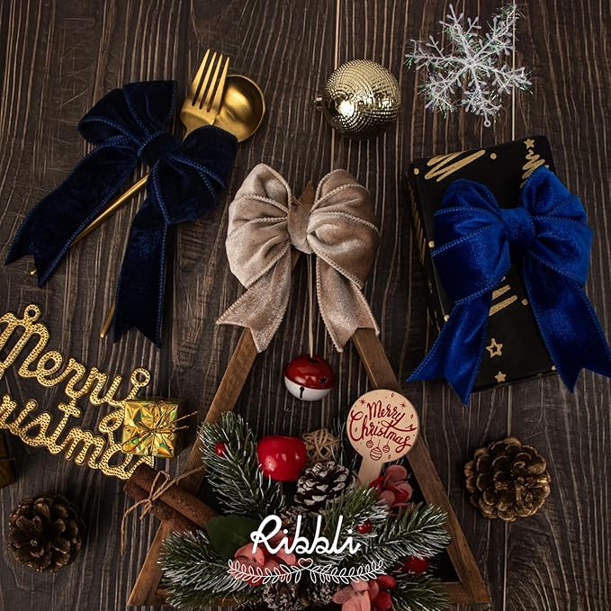 Ribbli Royal Blue Velvet Wired Ribbon 1.5 Inch Velvet with Satin Christmas Ribbon for Gift Wrapping Christmas Tree Decoration Crafts Wreaths Supplies-Continuous 10 Yards