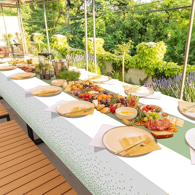 12Pcs White and Sage Green Tablecloth Decorations,Plastic White Table Cloth Printed Green Table Runner Disposable Rectangle Tables Cover for Birthday Wedding Anniversary Graduation Party,54 x108 Inch