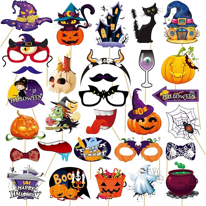30 Pcs Halloween Photo Booth Props,Pumpkin Ghost Skull Mask Witch Hat Party Decoration Supplies,Halloween Selfie Dress-up Props Decoration