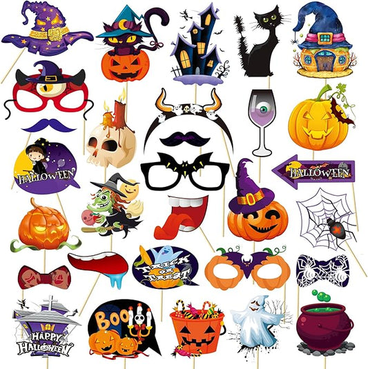 30 Pcs Halloween Photo Booth Props,Pumpkin Ghost Skull Mask Witch Hat Party Decoration Supplies,Halloween Selfie Dress-up Props Decoration