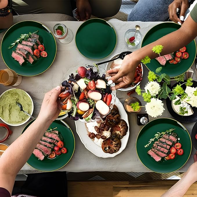 YOUBET 175PCS Green Plastic Plates - Green and Gold Disposable Plates Include 50 Plate, 75 Silverware, 25 Cups, 25 Napkins for Wedding & Party & Christmas