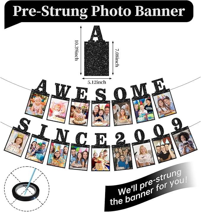 Pre-strung Awesome Since 2009 Photo Banner Birthday Decorations for Girls Boys- Black Glitter Sweet 16th Birthday and Anniversary Decorations Party Supplies