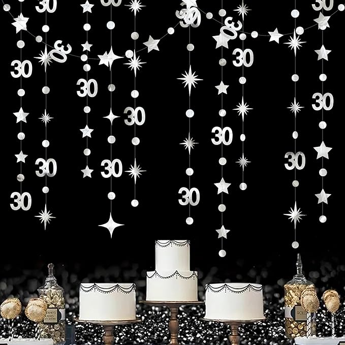 Silver 30th Birthday Decorations Number 30 Circle Dot Twinkle Star Garland Metallic Streamer Banner Backdrop for Mens Womens Happy Dirty Thirty Cheers to 30 Years Old 30th Anniversary Party Supplies