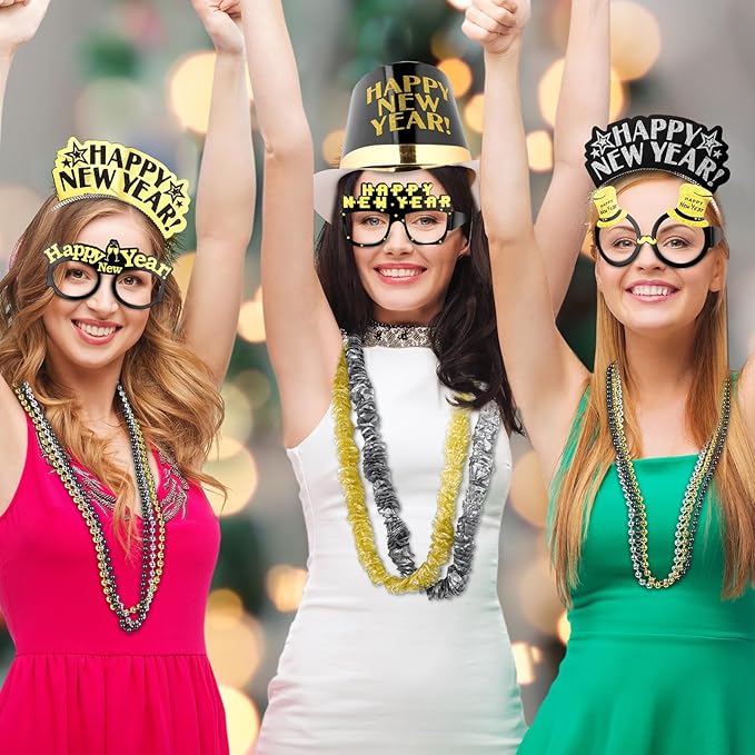 Fovths 132 Pieces 2026 New Years Eve Party Supplies Includes Glasses Top Hats Headband Noisemakers Horns Bead Necklaces Plastic Leis New Year Party Favors for Celebration Decoration Gift