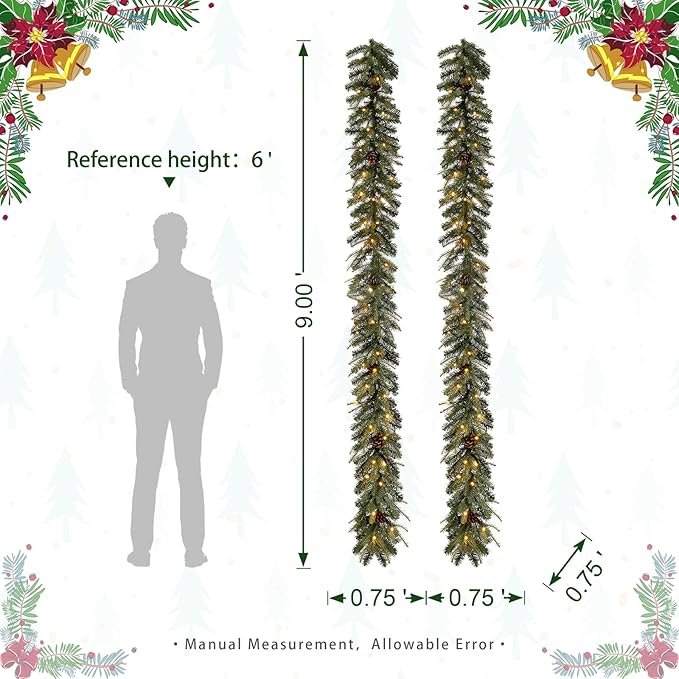 Glitzhome 2PK Pre-Lit Greenery Pine Cone Christmas Garlands with Warm White LED Lights and Timer - 9 ft