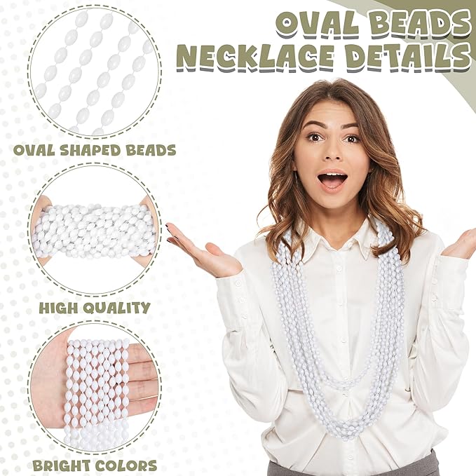 24PCS White Bead Necklaces, Metallic Oval Mardi Gras Beads Stuff Party Favors, Aesthetic 32" Necklaces Costume for Festival Parade Throw Accessories Wedding Birthday New Year 4th of July Decorations