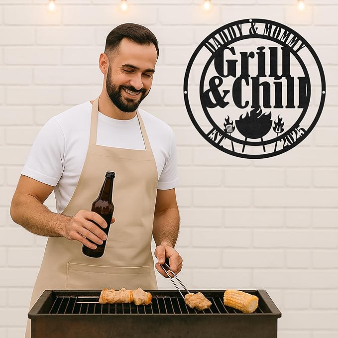Custom BBQ Grill Metal Sign Personalized Name Wall Art for Outdoor Barbecue Patio Kitchen Backyard Decor Gift for Dad Husband Men Papa Grandpa Father Grilling Enthusiasts Family Lover Funny Gifts 49
