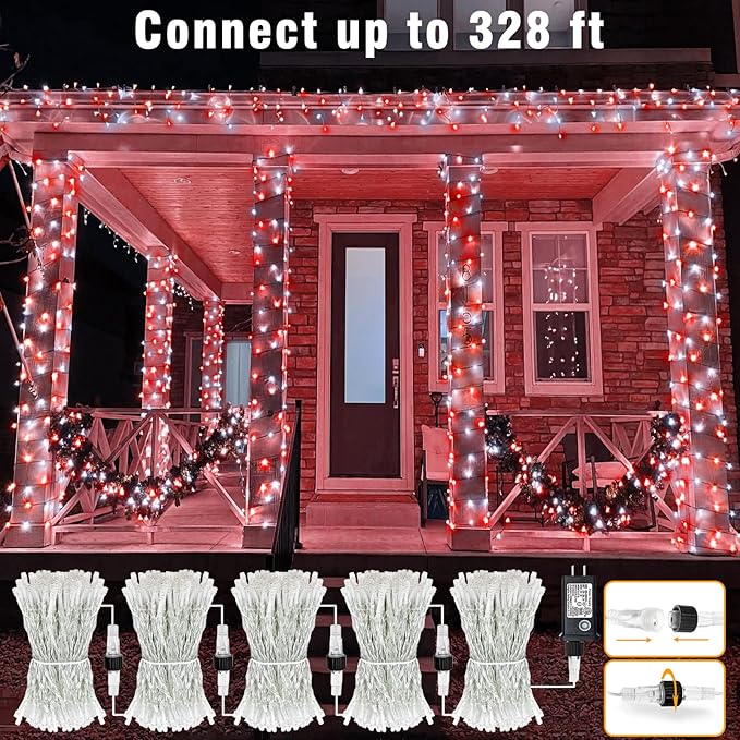 66FT 200 LED Christmas Lights Outdoor, Plug in Christmas String Lights Indoor, Waterproof & 8 Modes & Timer Function, Connectable Fairy Twinkle Light for Tree Garden Xmas Decor, Red White