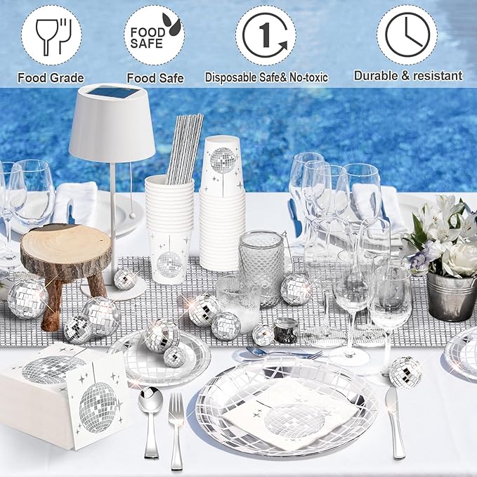 121 Pcs 70s 80s Disco Ball Christmas Party Decorations Disposable Paper Plates Napkins Cups Bachelorette Silver Balls Tableware Set for Wedding Cocktail Birthday Dancing Queen Party(Silver)