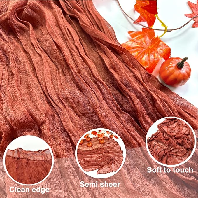 Booque Valley Fall Table Runner 3 Pack Terracotta Cheesecloth 10ft Soft Boho Wrinkled Decorative Gauze Sheer for Autumn Thanksgiving Holiday Party Centerpiece Decoration Table Decor, 35x120 Inch