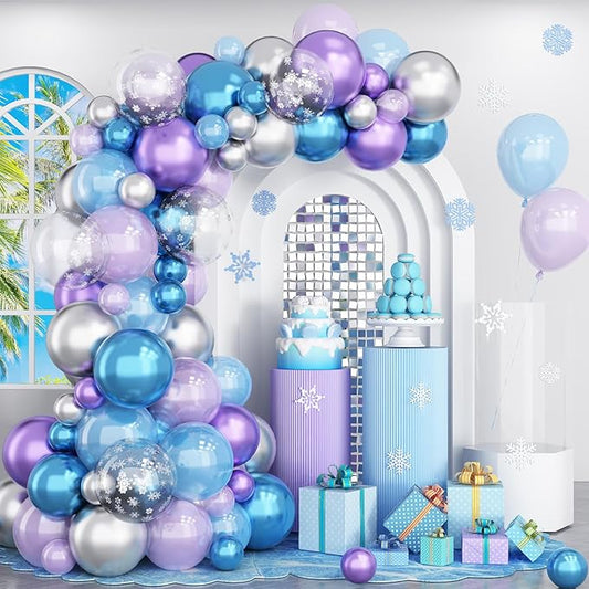 Blue Purple Silver Balloon Arch Kit Snowflake Balloons Garland with Winter Balloon for Princess Girl Winter Birthday Baby Shower Party Decorations
