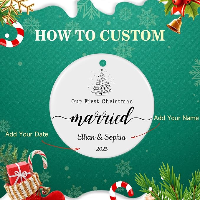 Personalized First Christmas Married Ornament 2025, Custom Engaged Christmas Ornaments with Names, Customized Wedding Engagement Gifts for Newlywed Couples Him Her