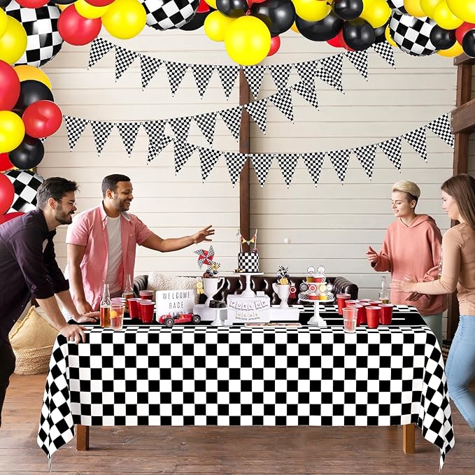 WNINK 4 Pack Race Car Table Cloth Black and White Gingham Tablecloths Disposable Plastic Buffalo Check Tablecloth Checkered Flag Covers for Birthday, Outdoor Picnic, Birthday, Camping 54 × 108 Inch