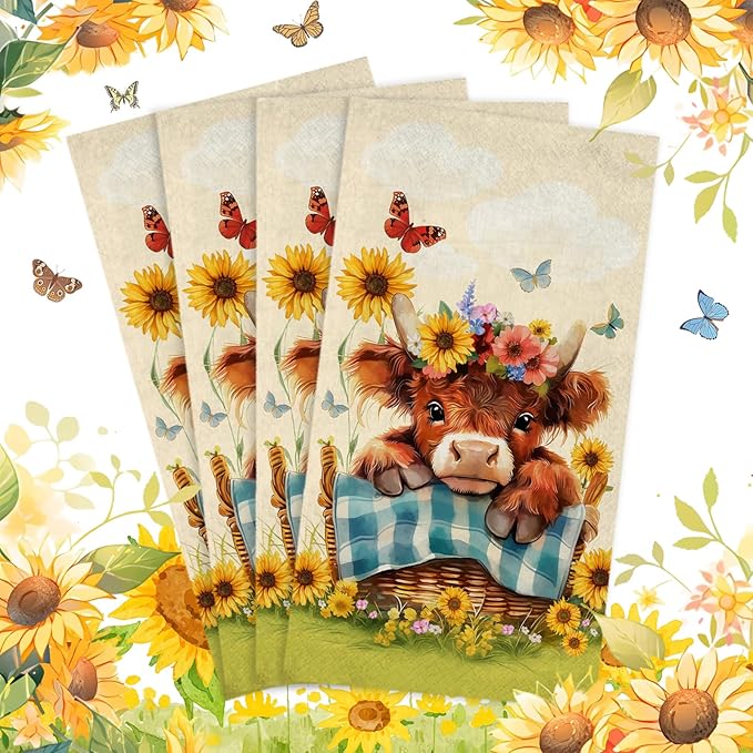 100 Pcs Highland Cow Napkins Fall Disposable Hand Towels for Bathroom Kitchen Cute Highland Cow Thanksgiving Decorative Napkins for Farmhouse Autumn Harvest Party Decor