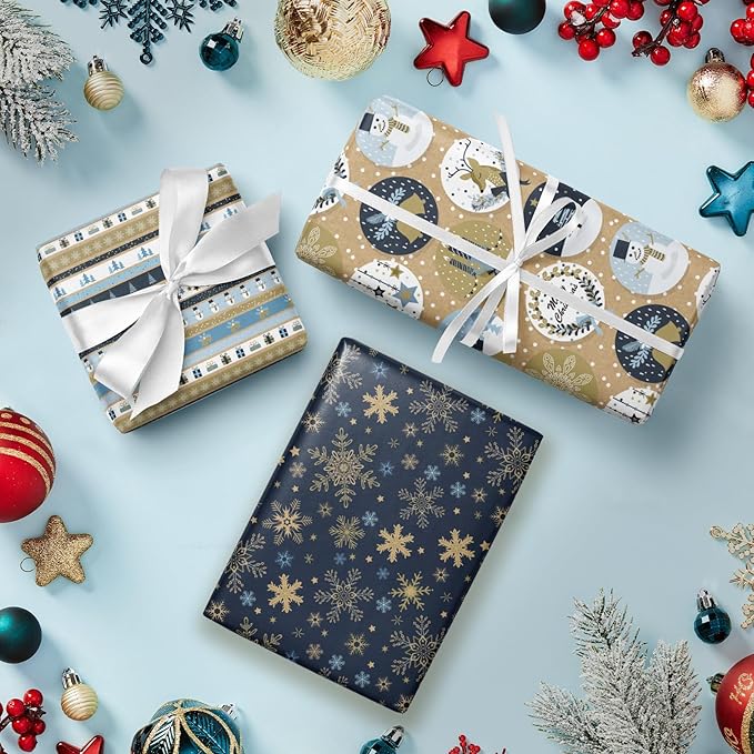 RUSPEPA Christmas Kraft Wrapping Paper Roll - Mini Roll - 17 inches x 10 feet per Roll, Total of 3 Rolls - Blue Snowman and Snowflake