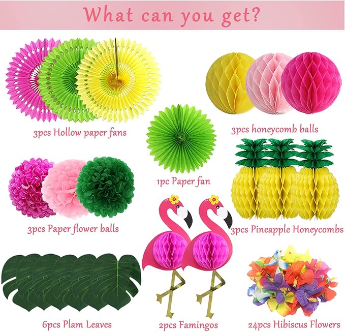 Flamingo Party Supplies, Luau Party Decorations Topical Flamingo and Pineapple Honeycomb Balls Paper Fans Pom Poms Flowers Hibiscus Flowers for Hawaiian Birthday Beach Bachelorette Party